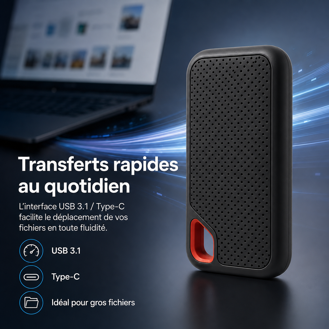 SSD portable 2 To USB-C, solution de stockage externe haute capacité pour toutes vos données numériques.