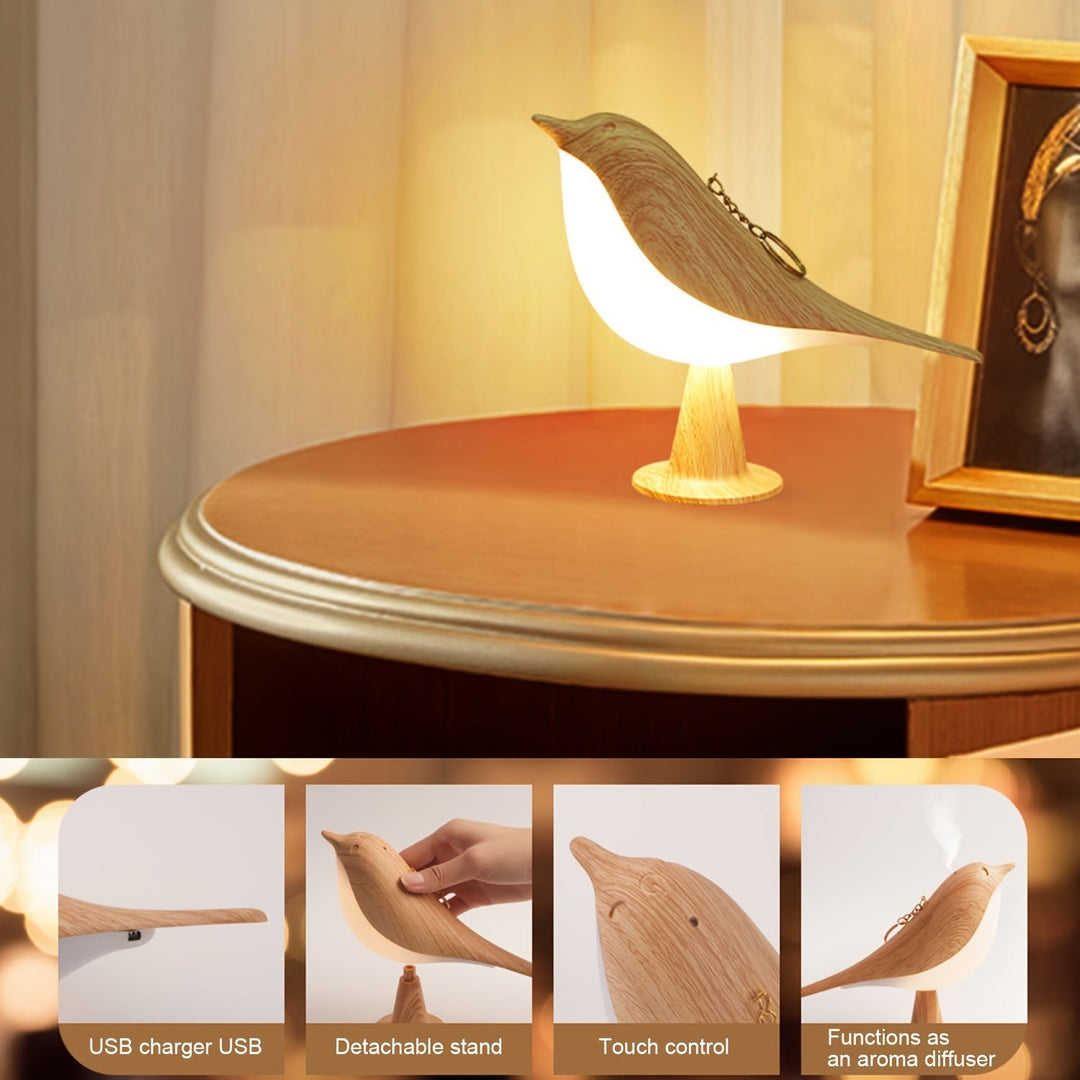 Lampe de lecture LED oiseau design, rechargeable USB avec 3 températures de lumière et diffuseur.