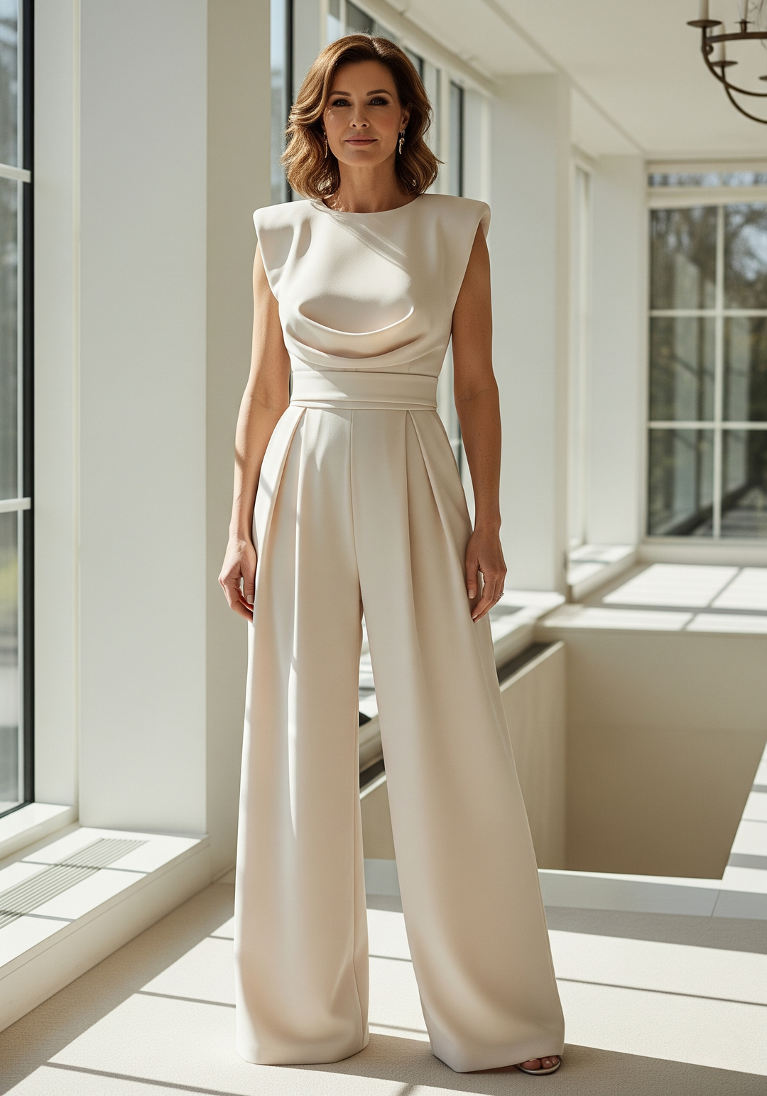 Combinaison femme élégante beige, taille haute flatteuse, jambes droites chic. Parfaite pour soirée ou bureau.