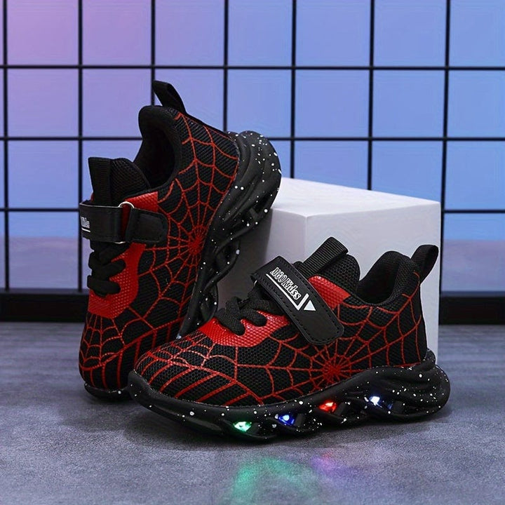Baskets enfant LED, lumières scintillantes, chaussures sport toile araignée, printemps/automne, fun garanti.
