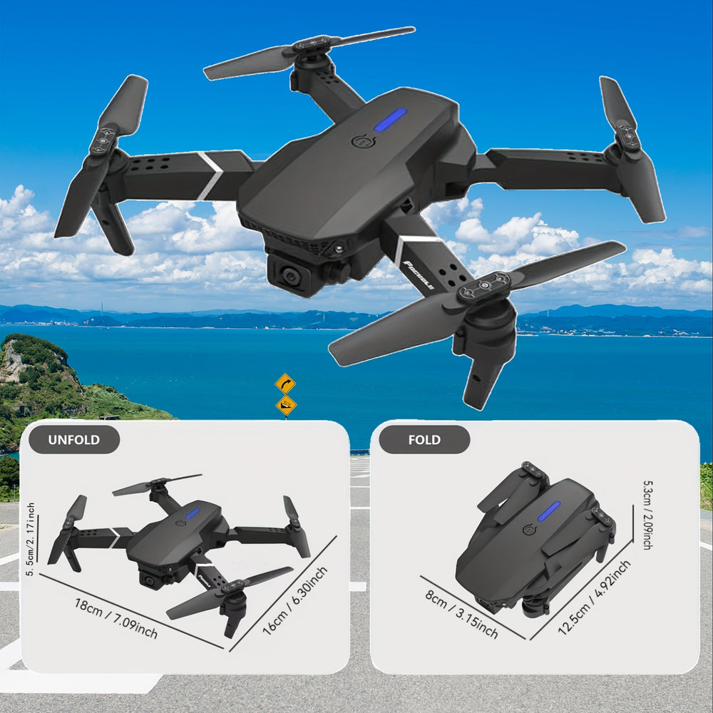 Quadcopter E88 pliable, double caméra. Parfait pour photographie aérienne stable, facile à transporter.