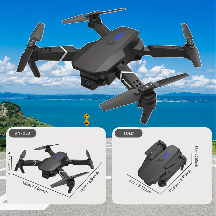 Quadcopter E88 pliable, double caméra. Parfait pour photographie aérienne stable, facile à transporter.