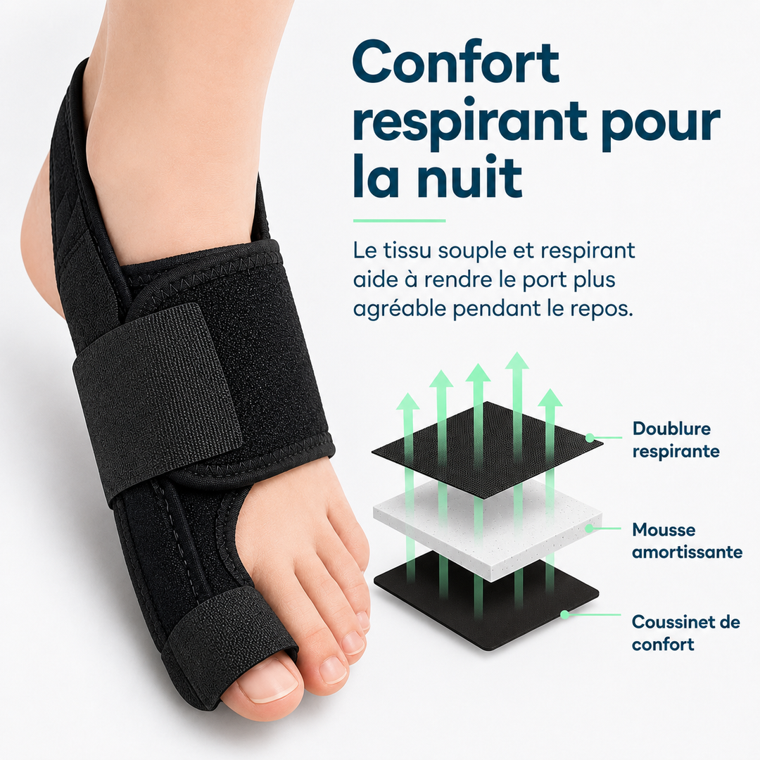 Attelle de nuit pour Hallux Valgus (oignon), corrigeant doucement et offrant un soin du pied efficace et un soutien orteil.