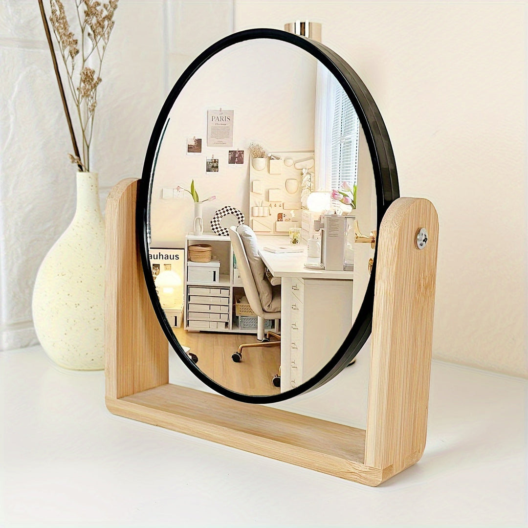 Ce miroir de beauté double face en bambou apporte une touche élégante à votre coiffeuse.