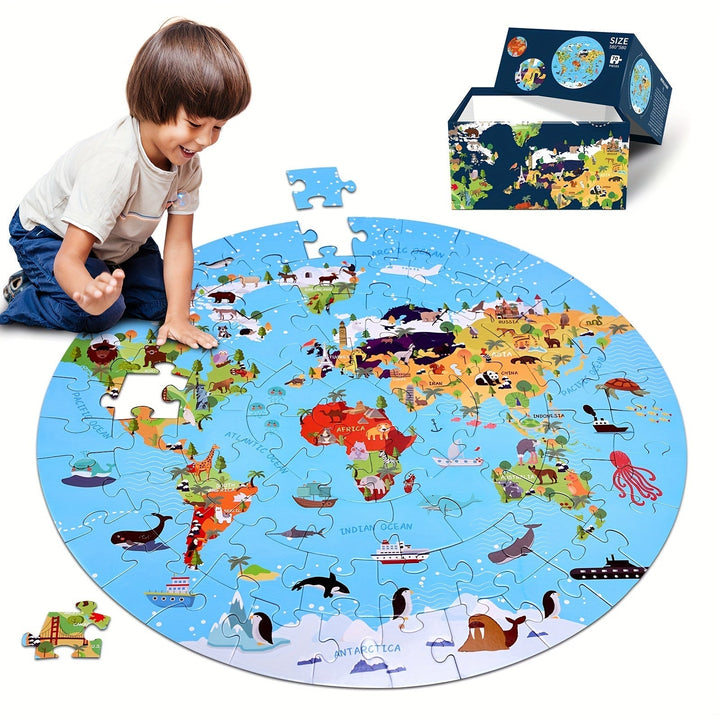 Puzzle de sol éducatif pour enfants, carte du monde 70 pièces avec animaux.