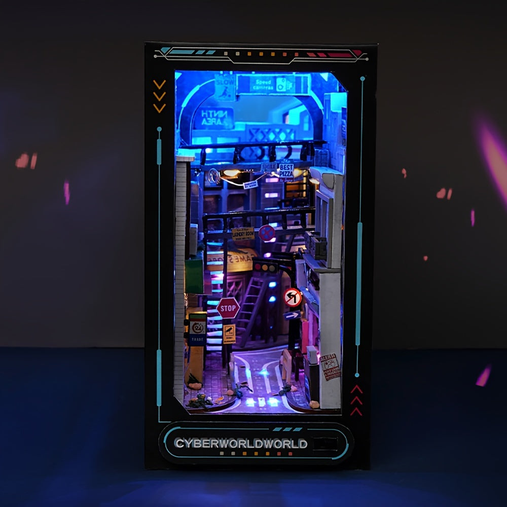 Cabine cyberpunk miniature assemblée, modèle 3D éclairé avec LED, kit DIY pour décoration moderne.