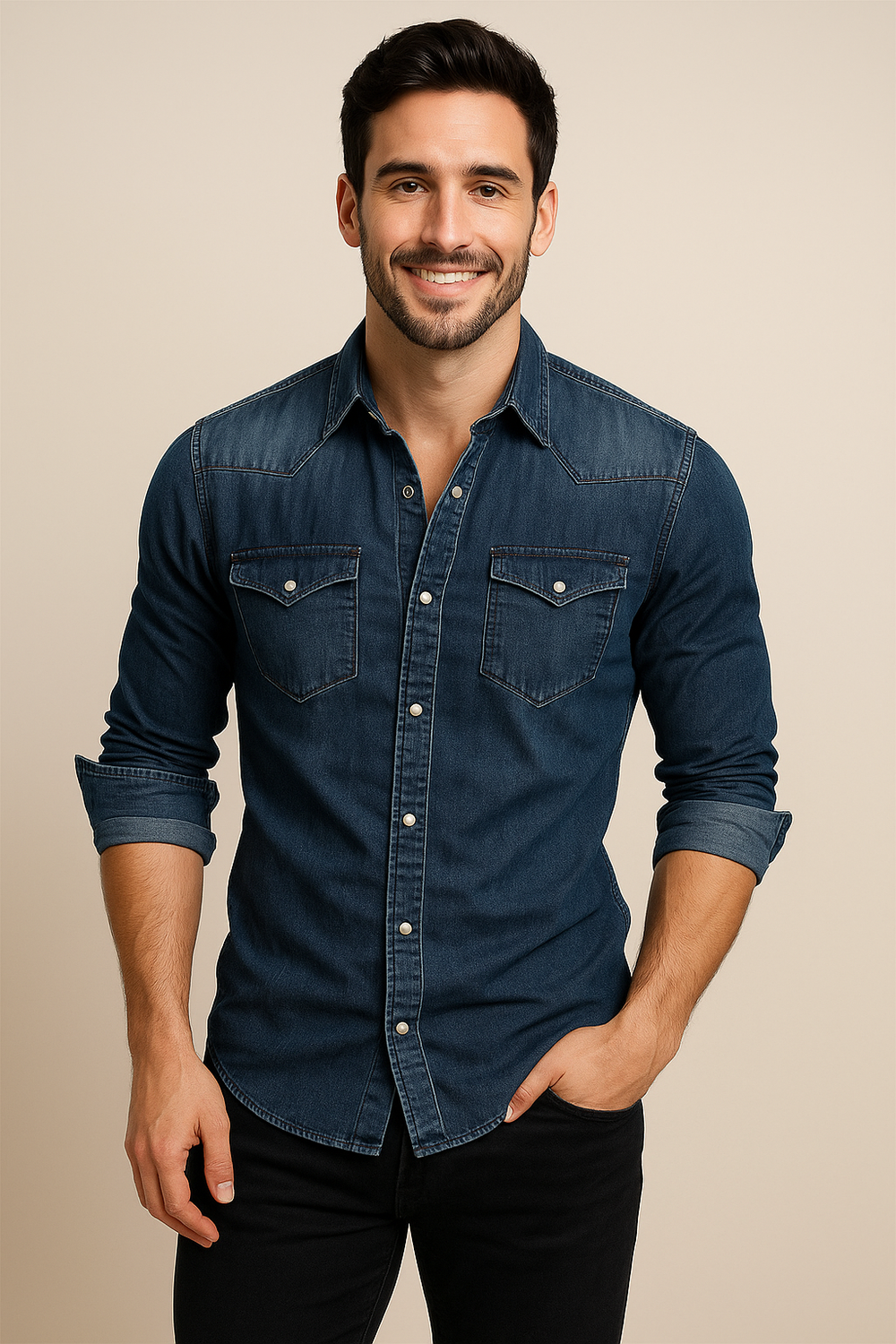 Haut homme casual bleu foncé, manches longues, avec poches poitrine, look intemporel et polyvalent.