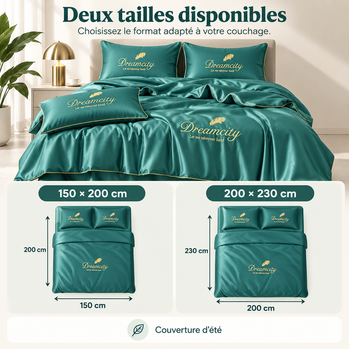 Textile de literie doux et rafraîchissant en soie glacée/polyester, idéal pour des nuits d'été.