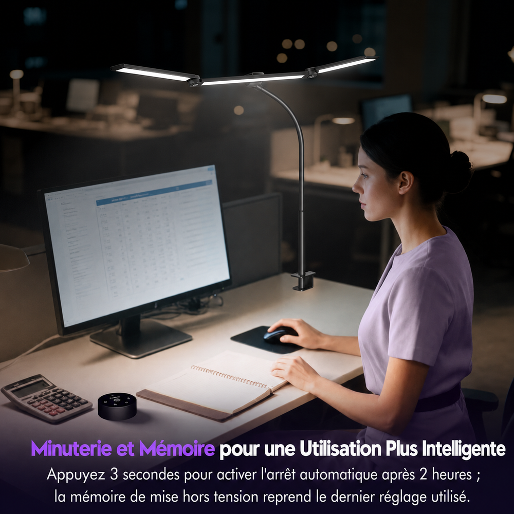 Lampe de bureau ergonomique avec double éclairage LED. Design moderne, capteur de mouvement pour un bureau intelligent.