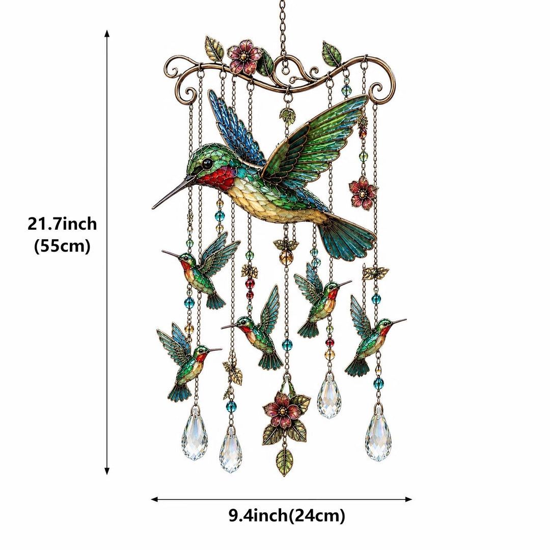 Cadeau carillon éolien colibri en cristal, décor lumineux idéal pour terrasse et espace vert.