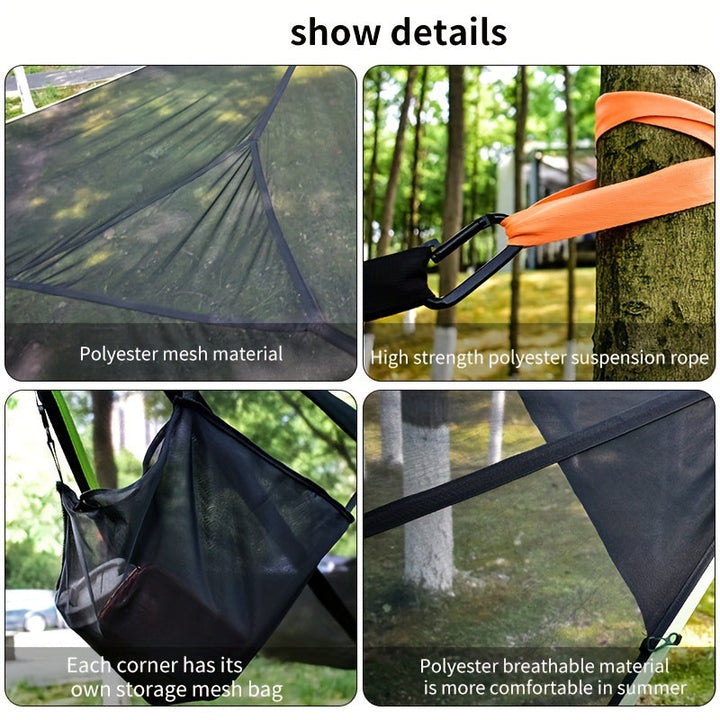 Hamac triangulaire extérieur avec filet robuste pour un confort stable. Idéal détente et camping multi-personnes.
