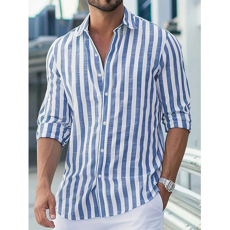 Chemise homme rayée moderne, style élégant, manches longues. Idéale pour look décontracté chic.
