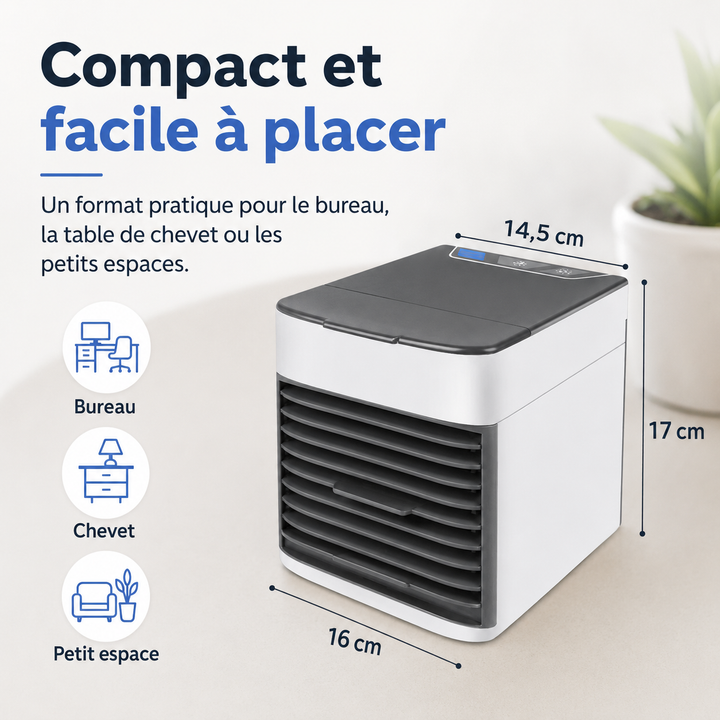 Rafraîchisseur d'air frais, portable avec ventilateur. Design compact, parfait pour rafraîchir discrètement votre espace.
