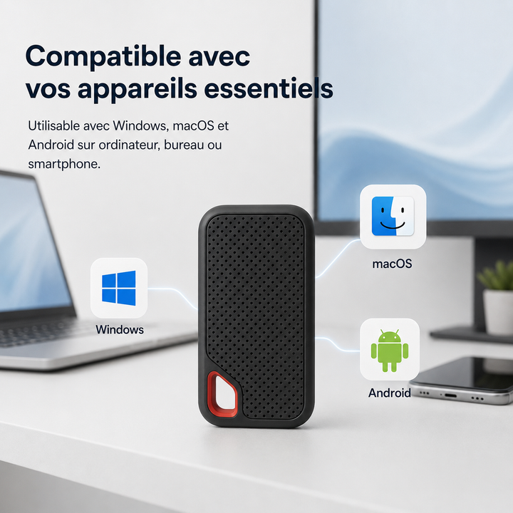Stockage de données : Disque dur SSD externe 2 To portable, parfait pour sauvegarder vos fichiers essentiels.