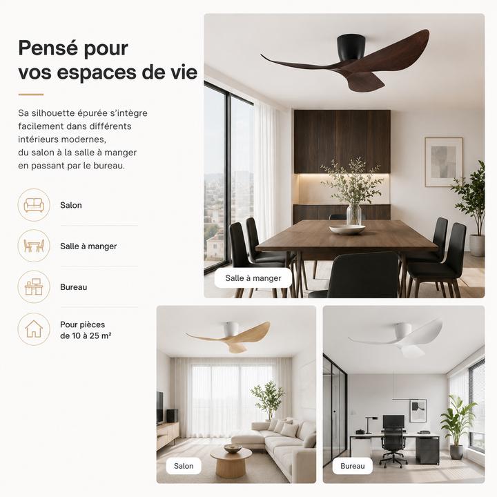 Appareil domestique : ventilateur de plafond silencieux avec pales en bois, design moderne pour l'intérieur.
