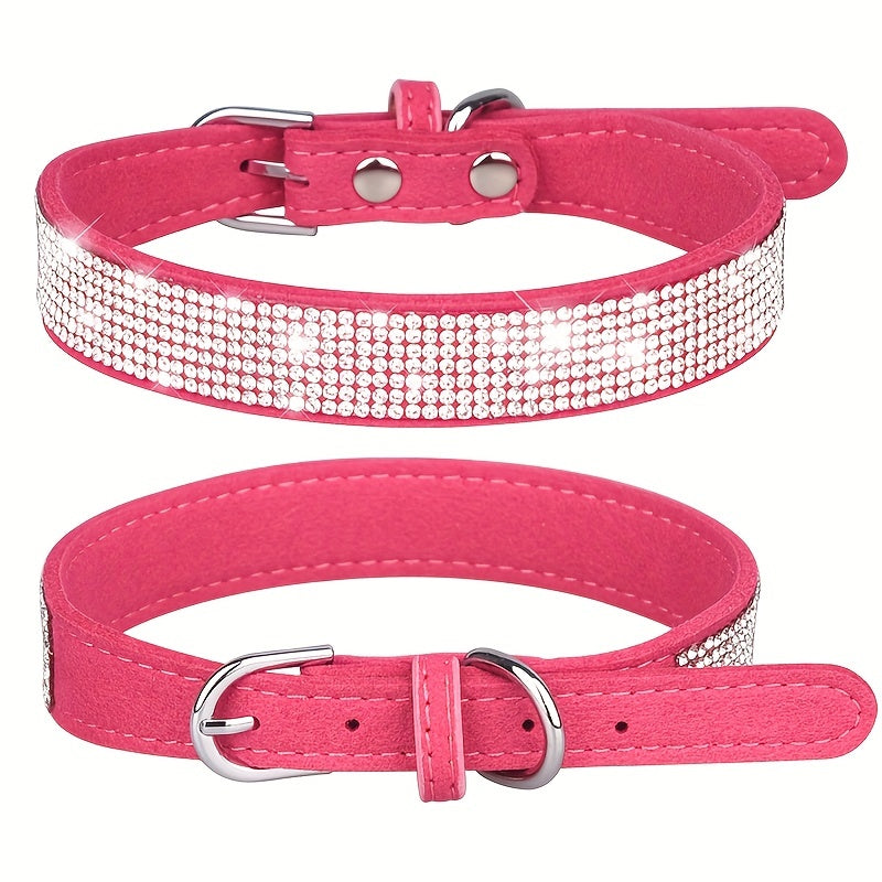 Collier élégant en cuir véritable avec strass scintillants, réglable pour chien petit ou moyen.