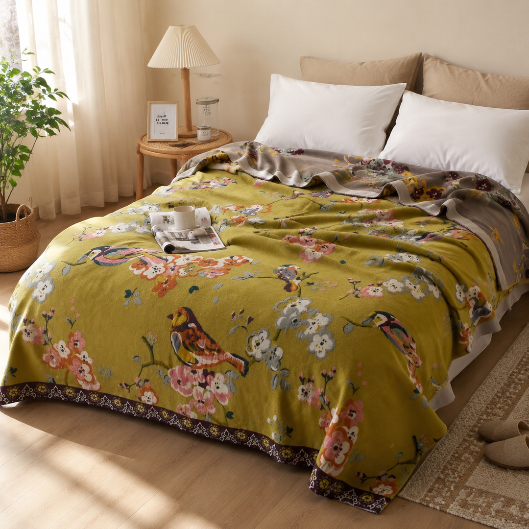 Jeté de canapé réversible en coton, motif floral avec oiseaux. Ajoute une touche bohème à votre décoration intérieure.