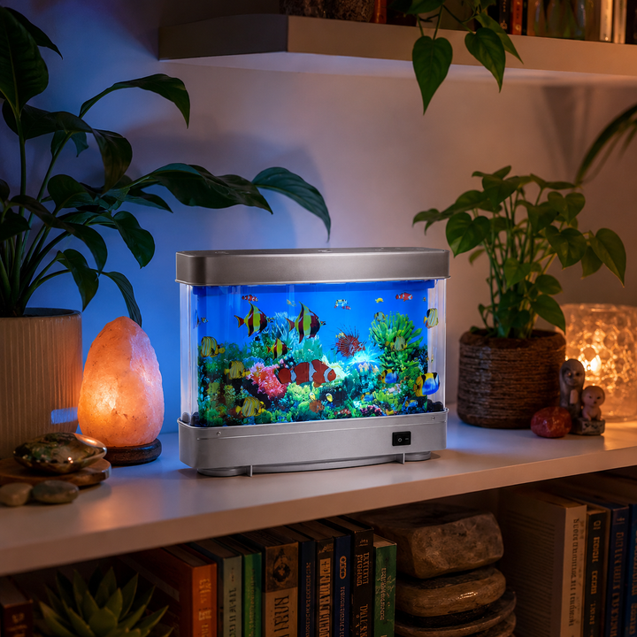 Lampe aquarium rétro LED AquaDream, poissons artificiels effet de mouvement, ambiance zen et déco maison.