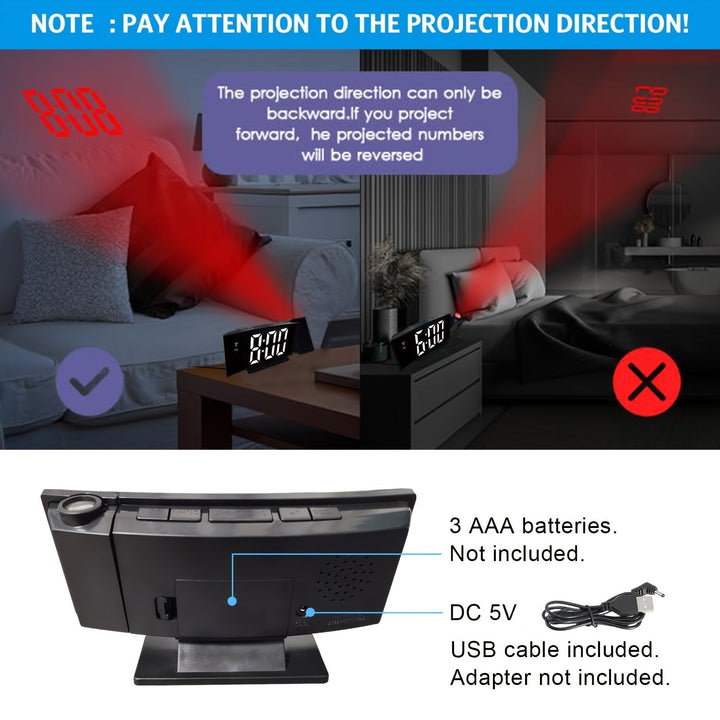 Réveil projecteur numérique LED sur table de chevet, heure projetée au plafond. Design élégant.