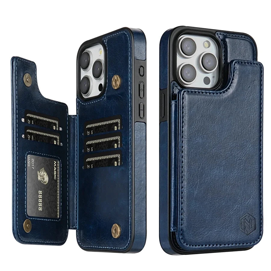 Coque iPhone 16 cuir luxe, étui porte-cartes avec rabat magnétique pour protection.