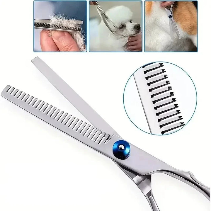 Variété de ciseaux professionnels pour toilettage chien/chat : droits, courbes, désépaissir, en inox.