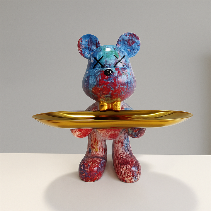Statue d'ours décorative avec plateau intégré. Parfaite pour organiser votre espace de vie avec style moderne.