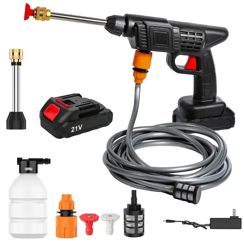 Nettoyeur haute pression sans fil portable. Idéal pour nettoyage auto, jardin, terrasse. Batterie lithium puissante.