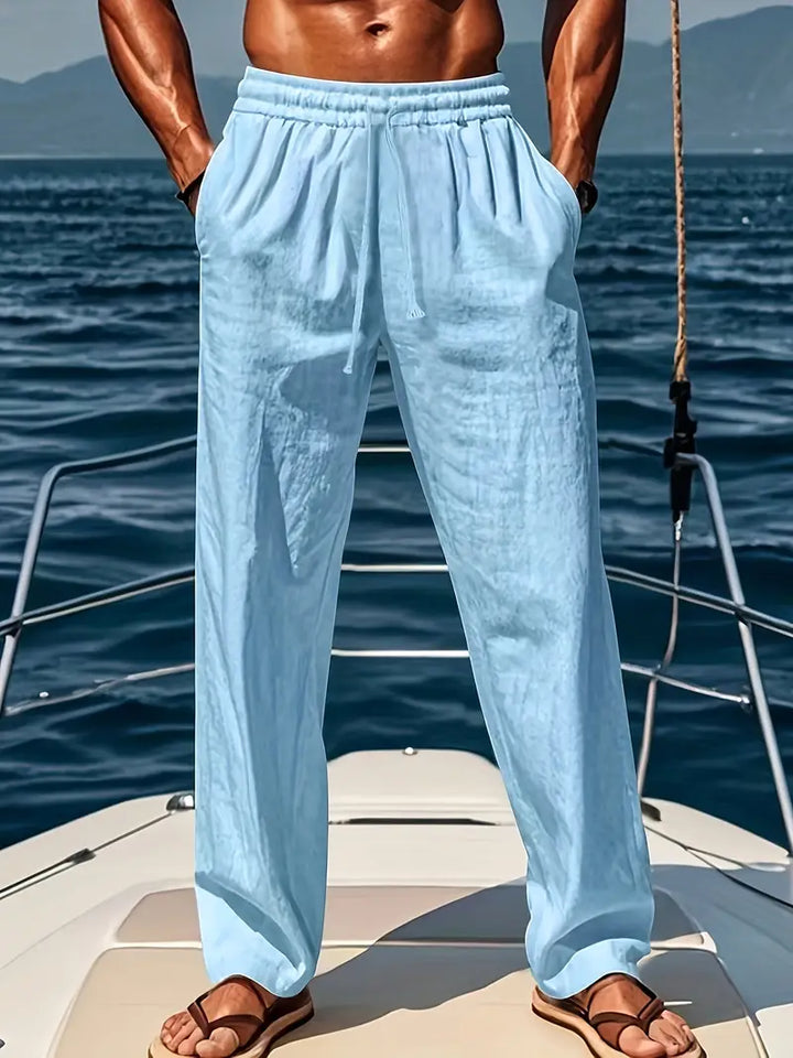 Élégant pantalon large homme en lin naturel, idéal pour un confort respirant et une mode masculine estivale.