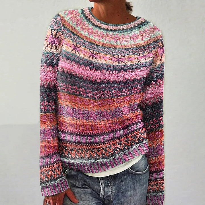 Pull femme vintage chic à imprimé ethnique. Chandail confortable style bohème pour l'hiver, parfait pour une tenue décontractée.