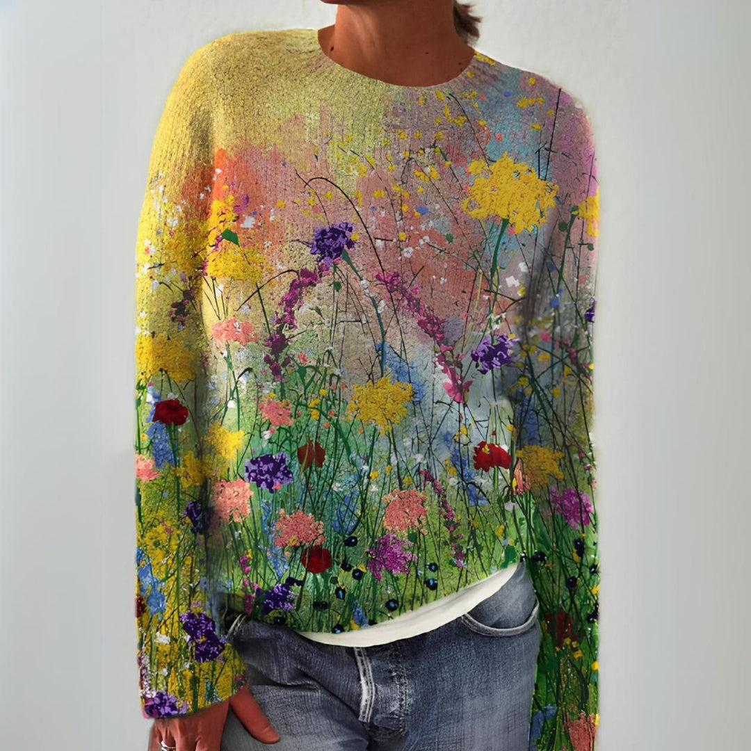 Pull vintage femme à fleurs, doux et élégant pour un look rétro confortable en automne-hiver.