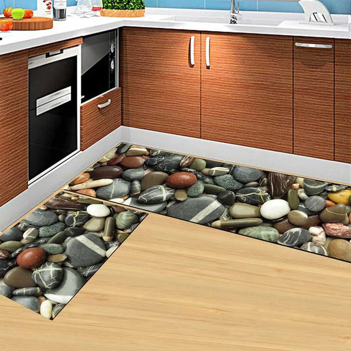 Tapis de cuisine antidérapant moderne avec motif géométrique gris pour sol intérieur.