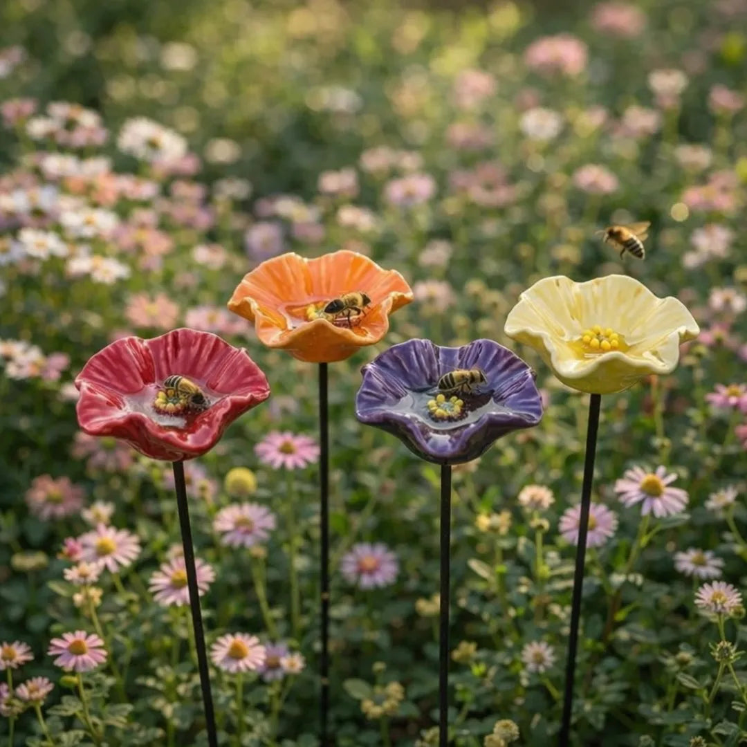 Gros plan sur l'abreuvoir en céramique pour abeilles, montrant sa texture naturelle et son utilité au jardin.