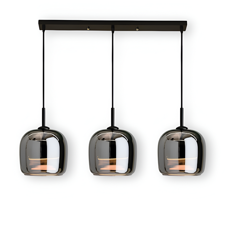 Lampe suspension design Acro en verre fumé, noir et gris, pour un éclairage intérieur contemporain.