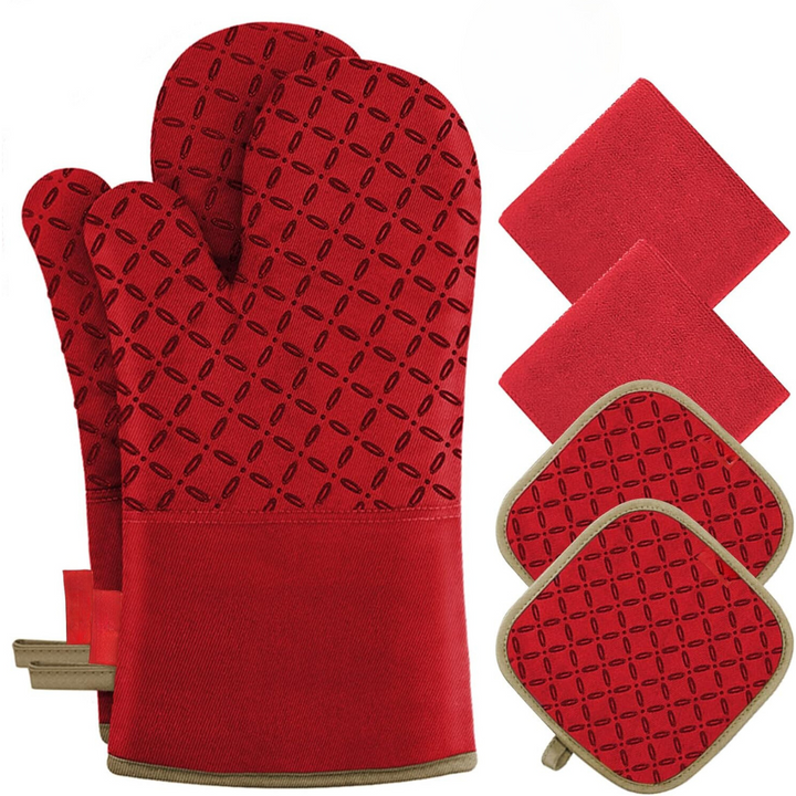 Gants de cuisine et maniques résistants à la chaleur, set de 6 pièces pour une protection optimale en cuisine.
