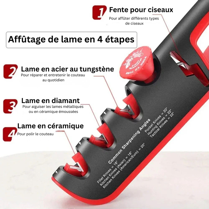 Aiguiseur de couteaux 4-en-1 polyvalent, pour un aiguisage professionnel des lames de cuisine et ciseaux.