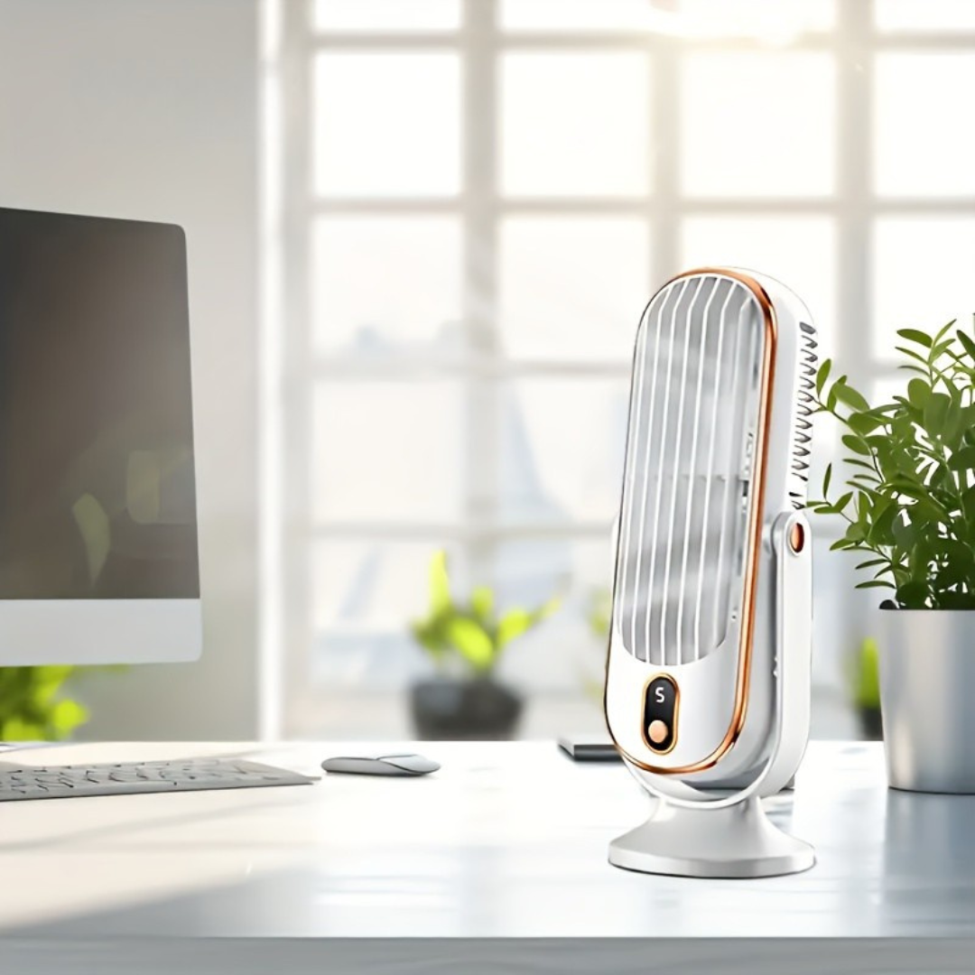 Rafraîchissez-vous avec le ventilateur AeroLux USB portable, silencieux, 720°, idéal pour l'été.