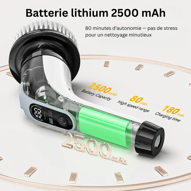 Brosse électrique sans fil SpinClean nettoyant carrelage de salle de bain avec accessoire dédié.