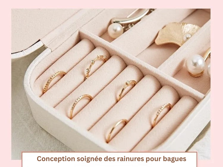 Boîte à bijoux de voyage compacte en cuir blanc, double couche, idéale pour tous vos déplacements.