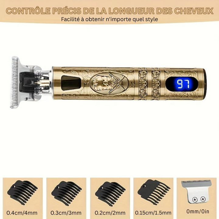 Gros plan sur la lame T de la tondeuse GroomLux sans fil, pour des contours précis des cheveux et de la barbe homme.
