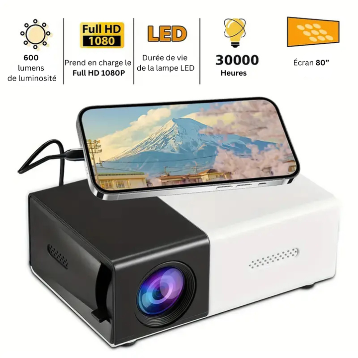 Projecteur mini portable pour camping et cinéma plein air. Profitez de films HD sous les étoiles, voyage.