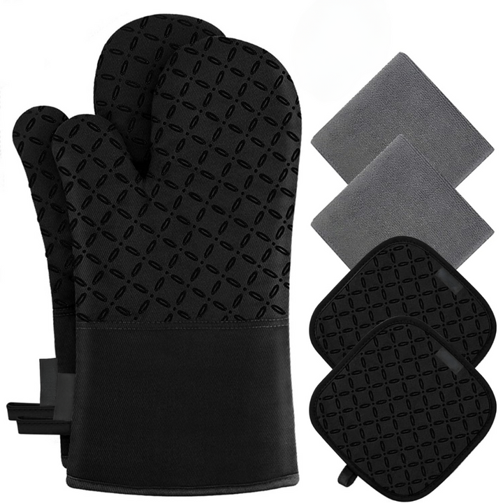 Sécurité en cuisine : set de gants de cuisine et maniques en silicone, protection chaleur pour cuisson.