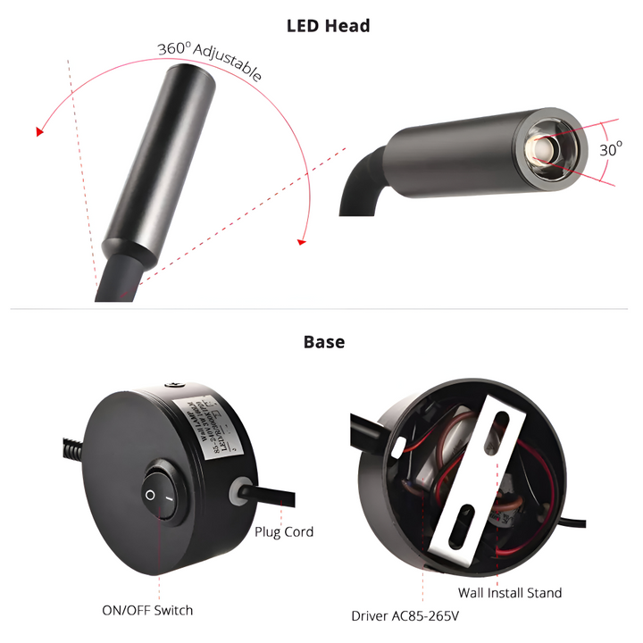 Lampe de chambre LED murale, col de cygne flexible, économie d'énergie, lumière douce.