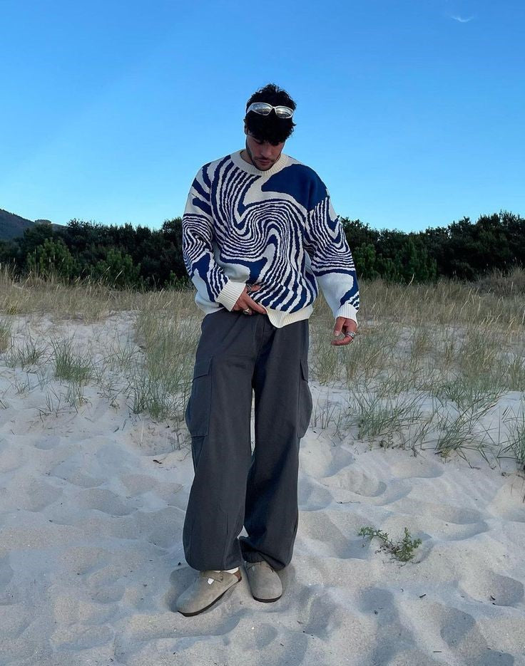 Pull unisexe original streetwear tricoté motif tourbillon. Vêtement confortable pour homme et femme, style décontracté.