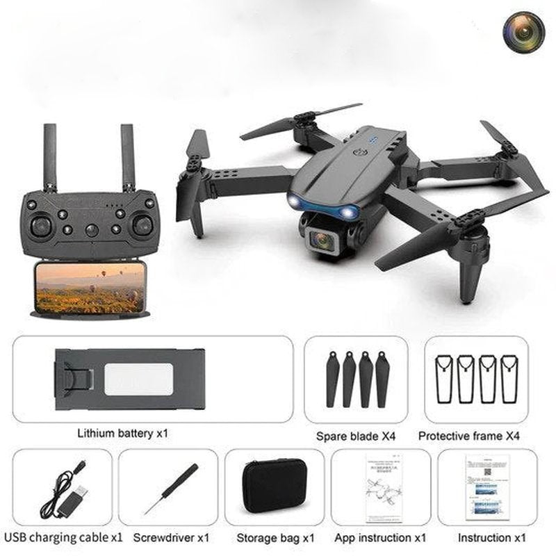 Quadcopter AeroPro en exploration, capturant des paysages magnifiques en vidéo et photo 4K UHD.