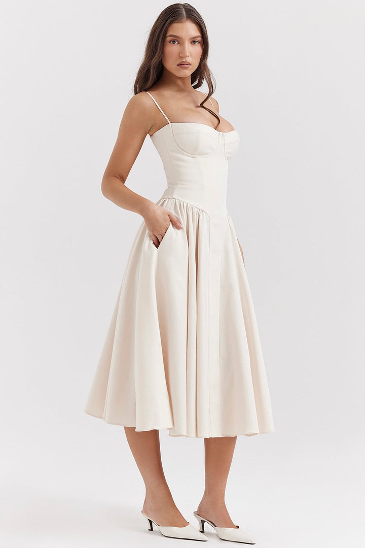 Robe corset midi flatteuse pour femme, idéale pour un cocktail ou une fête de printemps/été.