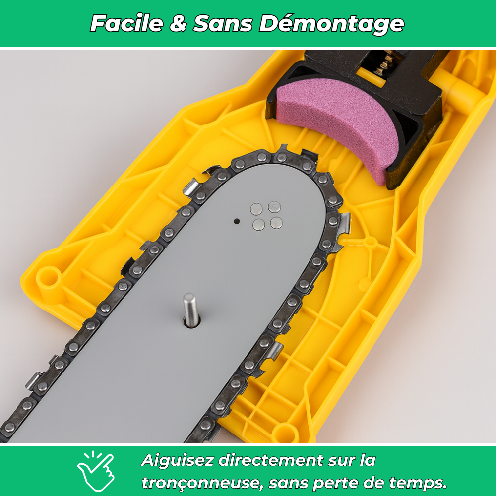 Affûteur manuel et précis pour chaîne de tronçonneuse, idéal pour l'entretien régulier des outils de jardinage.