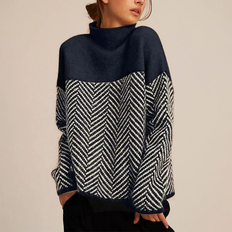 Élégant pull femme à col montant et motif chevron. Ce pull chaud et confortable est parfait pour la mode hiver.