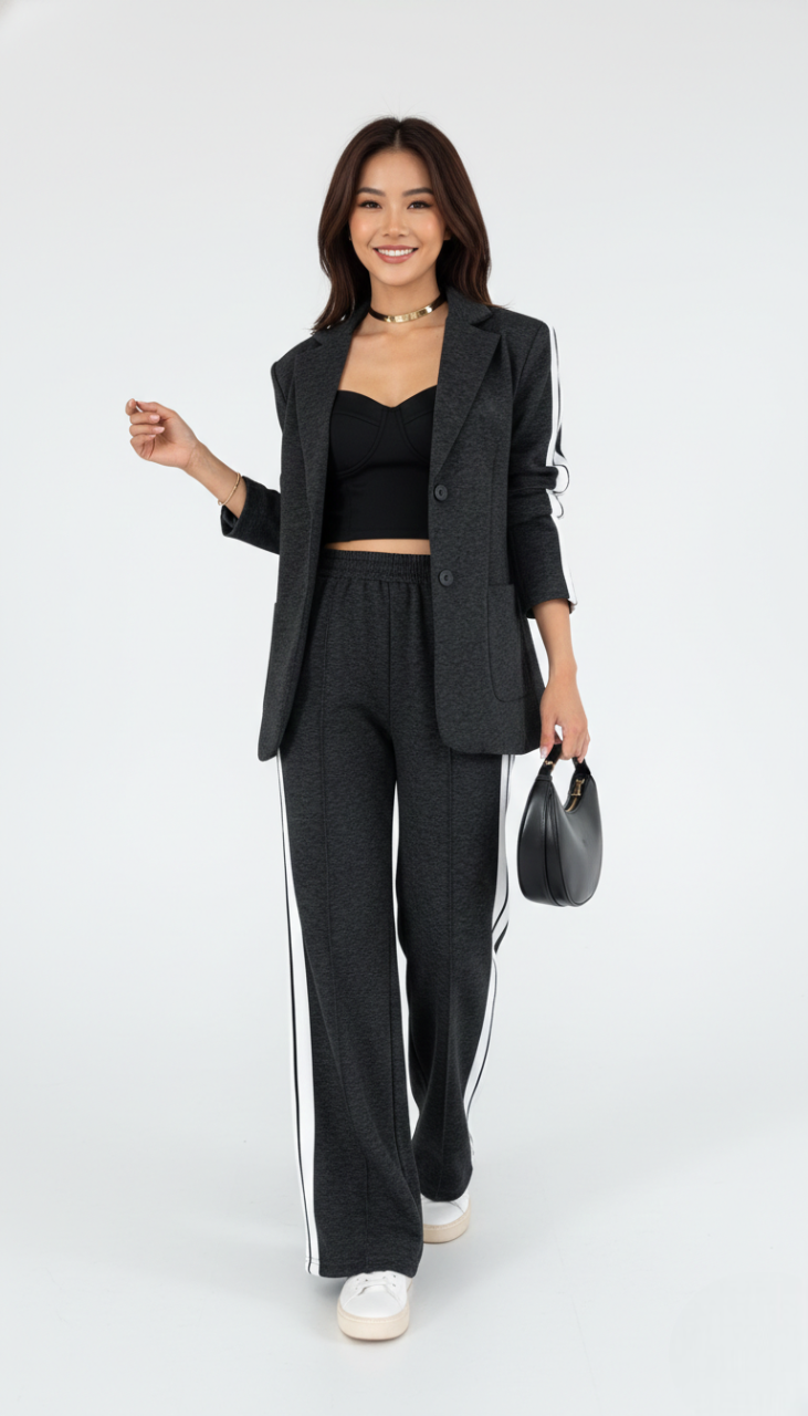 Ensemble sport chic femme rose rayé, survêtement élégant et confortable, idéal pour activités décontractées.