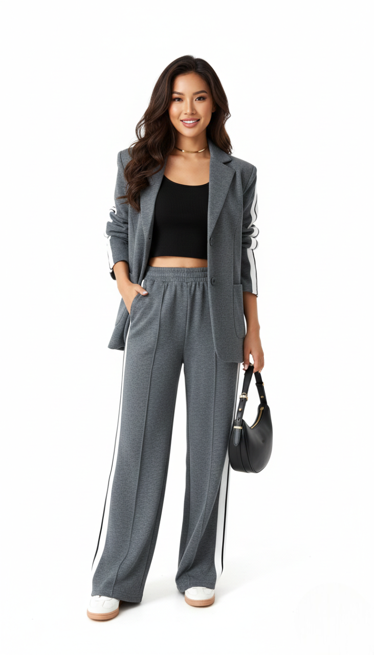 Survêtement femme athleisure gris avec rayures, ensemble décontracté sport chic, idéal pour la détente active.