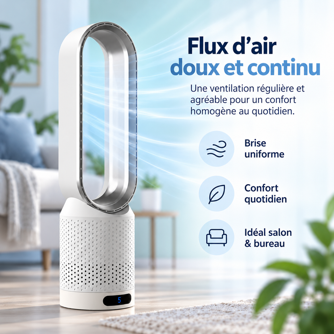 Ventilateur sans pales ultra-silencieux, parfait pour un sommeil réparateur. Fraîcheur discrète à la maison.